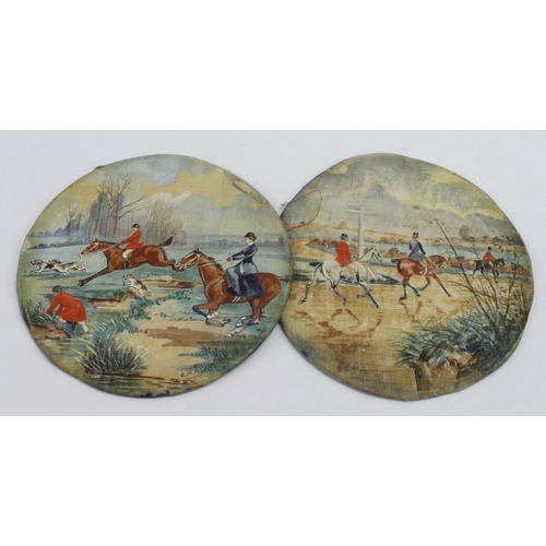 65 - Two circular hunting scenes on silk, each signed by artist 'E. M. Morris', diameter 12.5cm approx.