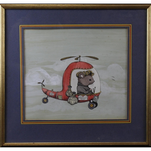 67 - Watercolour illustration, depicting a rodent flying an unusual helicopter, with a puncture repair ki... 