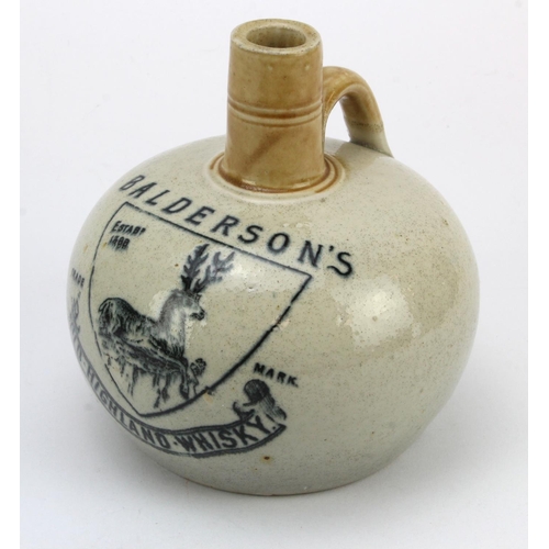 73 - Balderson's whisky jug. Approx 14.5 cm tall with tan neck and ivory coloured glaze. Black lettering ... 