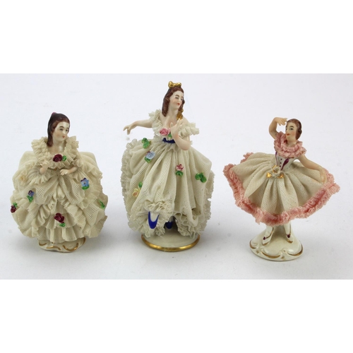 88 - Dresden. Three German Dresden porcelain figures, makers marks o base of each, tallest 95mm approx.