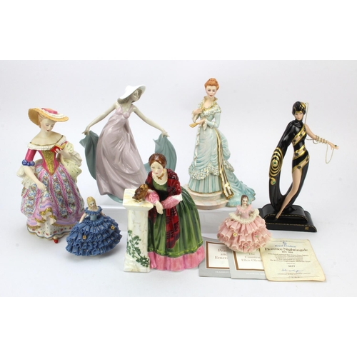 91 - Figures. A group of seven varous female figures, by Irish Dresden, Royal Doulton, Franklin Mint, etc... 