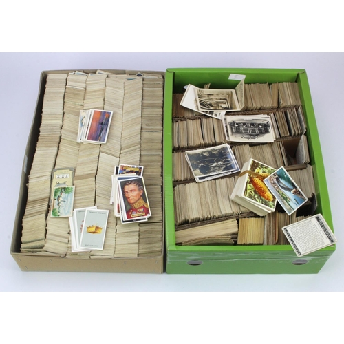 752 - Large box with two trays of loose cigarette cards, one with larger cards and one with 1000's of stan... 