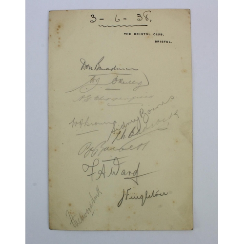 885 - Cricket interest. A 'Bristol Club'headed paper dated 3rd June 1938, signed by ten of the Australian ... 