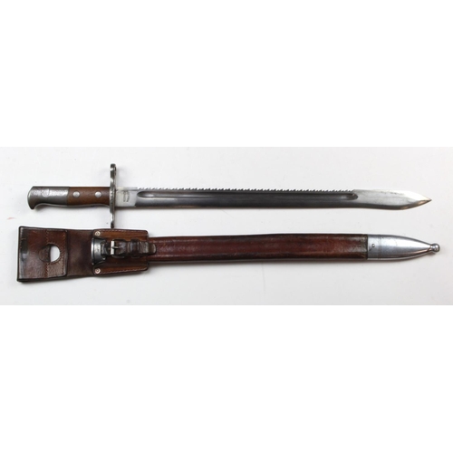 103 - Swiss M1914 Schmidt-Rubin Engineers Bayonet in its steel mounted leather scabbard + frog, blade 19