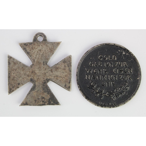 142 - Cast Iron Cross For Kultur (anti German propaganda) and 'Gold for Iron' 1916 fund raising medal (2)