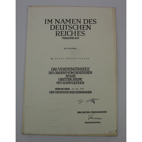 228 - German Eagle Order Certificate for a Spanish Doctor Julio Atenza Crespo a late award for the Spanish... 