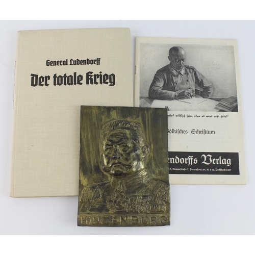 241 - German Hindenburg metal memorial plaque with General Ludendorff’s 1937 publication Der Totale Krieg ... 