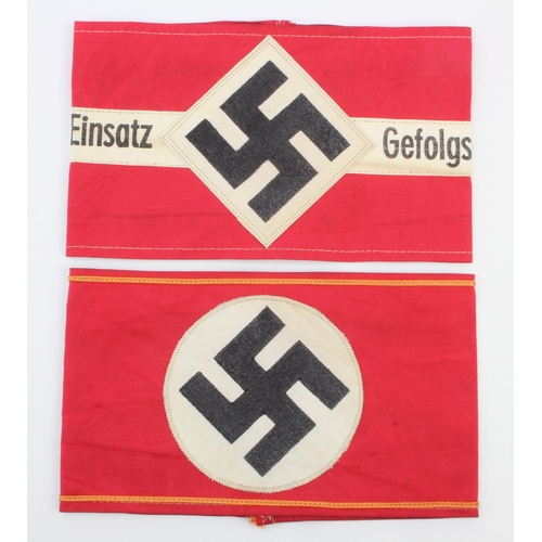 243 - German Hitler Youth armband, unusual type and an NSDAP type with added Rank or service unit? piping.