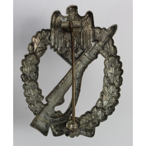 247 - German Infantry Assault badge, lightweight combat wear issue, white metal.