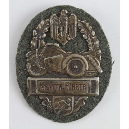 255 - German KRAFTW.FUHRER army motorcycling Rally badge.