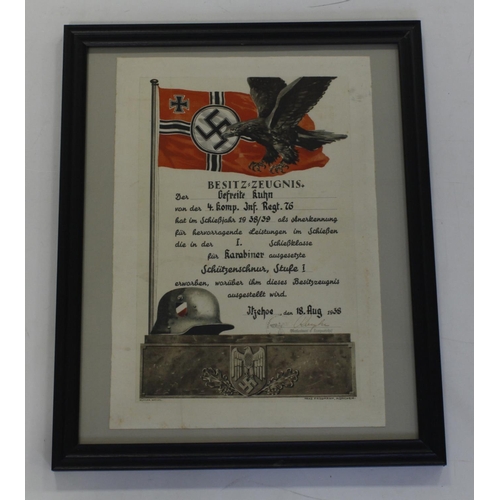 265 - German large framed army service scroll to Gefreite Kuhn 4.komp. inf. Regt . 76 dated 18-8-1938.