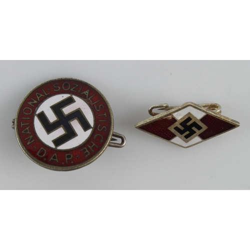 290 - German National Socialist Party DAP badge with Hitler youth enamelled badges.