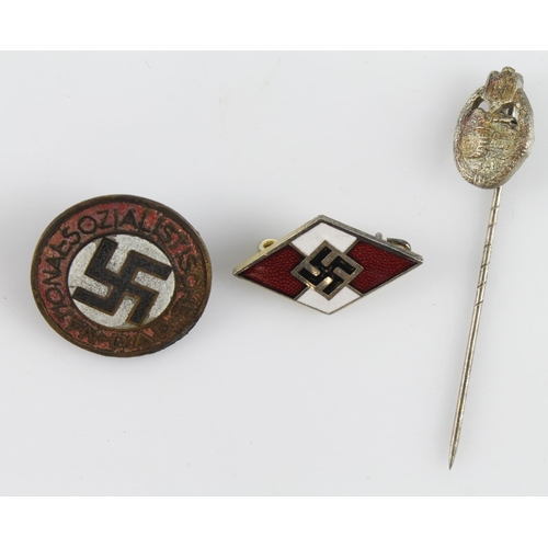 291 - German Nazi party badge, Hitler youth and tank battle stick pin.