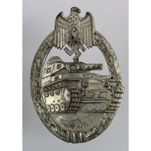 306 - German Panzer Assault badge, lightweight combat wear example in white metal