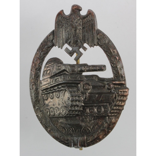 307 - German Panzer Assault badge. Lightweight combat wear example in bronze