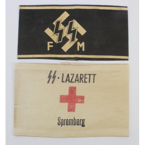 321 - German SS armbands, 2 types, FM Helpers and Lazarett Hospital Spremberg.