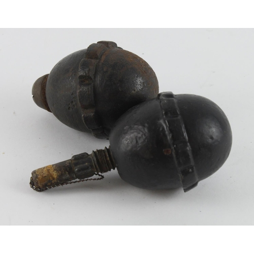 433 - WW1 Germans egg grenades x2, one complete with fuse the other with filling plug.   Deactivated / ine... 