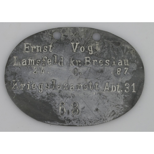 435 - WW1 Imperial German Dog Tag for a Medic in a Field Hospital.