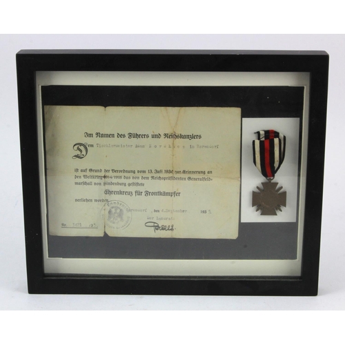 440 - WW1 Veterans Cross Combatants with award certificate 1935. Cased.