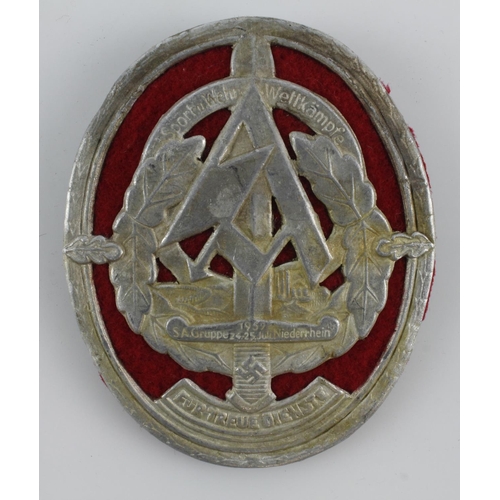 443 - WW2 3rd Reich SA Sport & Defence Competitions Badge for the SA Gruppe Niederrhein 24/25 July 1937.