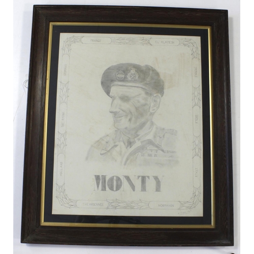 533 - Field marshal Bernard Montgomery large hand drawing portrait in frame done by a soldier whilst servi... 