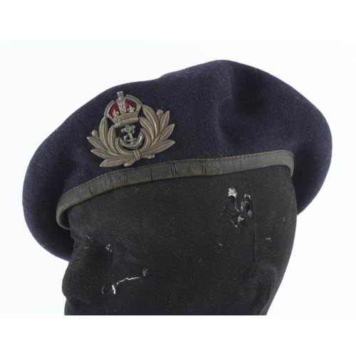 554 - Late WW2 / 1950’s Silk Band Royal Navy Officers Beret with Silver Kings Crown Cap Badge. Named to A.... 