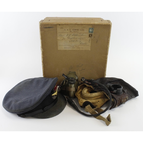 574 - RAF leather C Type flying helmet with H type mask MK 8 flying goggles, RAF officers hat in its named... 