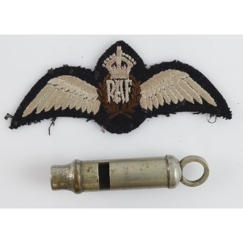 582 - RAF WW2 original set of Kings crown pilots wings with AM marked survival whistle.