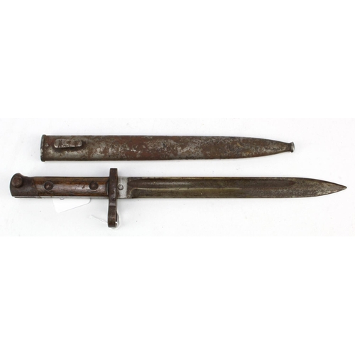 6 - Austrian WW1 bayonet with steel scabbard and wooden grips, rusted overall