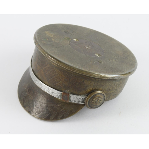 609 - Trench art 1916 dated 18pd shell case made into a hat engraved all over with souvenir, Ypres engrave... 