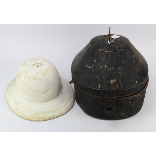 610 - Tropical Pith Helmet made by Spencer of Madras. In original named metal carry tin 'E W Littleton RN'... 