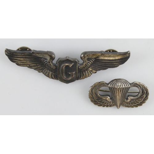 611 - U.S.A.F. United States Air Force silver Glider Pilot wings badge (stud fittings) + a silver WW2 U.S.... 