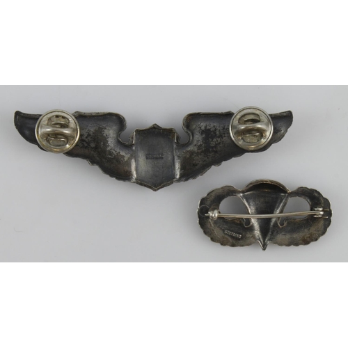 611 - U.S.A.F. United States Air Force silver Glider Pilot wings badge (stud fittings) + a silver WW2 U.S.... 