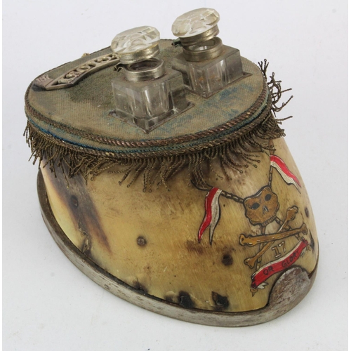 620 - Victorian 21st Lancers Horse Hoof Ink Well. Hand painted badge and a silver shoulder badge on a genu... 