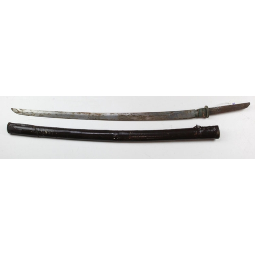 63 - Japanese Sword, with leather covered scabbard, handle grip missing, tang signed  (blade 27