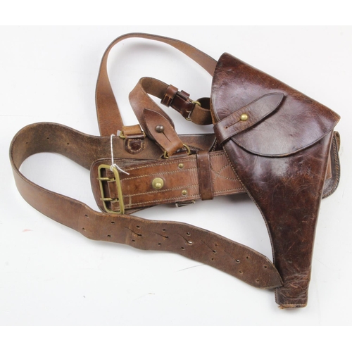 640 - WW1 British Officers Sam Brown Belt with .455 Webley Holster & Ammo Pouch.