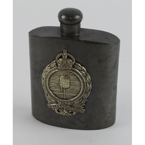 644 - WW1 drinking flask with RN mine clearance badge fixed on the front and some engraving on the back.