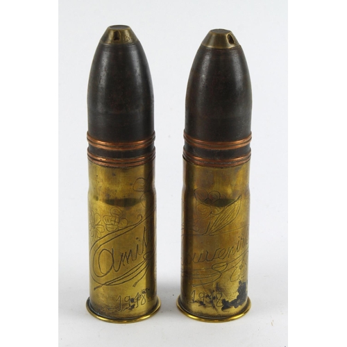 661 - WW1 pair of trench art engraved French pom pom canon shells complete with heads deactivated inert