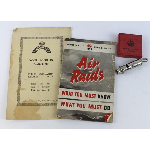 687 - WW2 ARP pamphlets with ARP whistle and silver lapel badge.