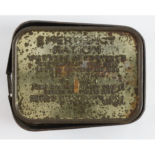 693 - WW2 emergency ration tin with contents, but the seal has been opened.