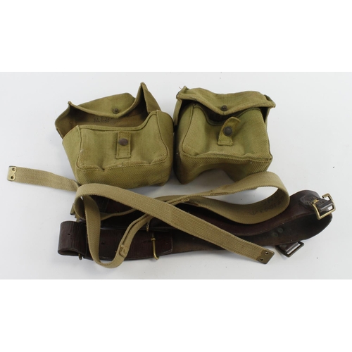 694 - WW2 Home Guard original 1942 dated ammo pouches with cross straps and leather belt.