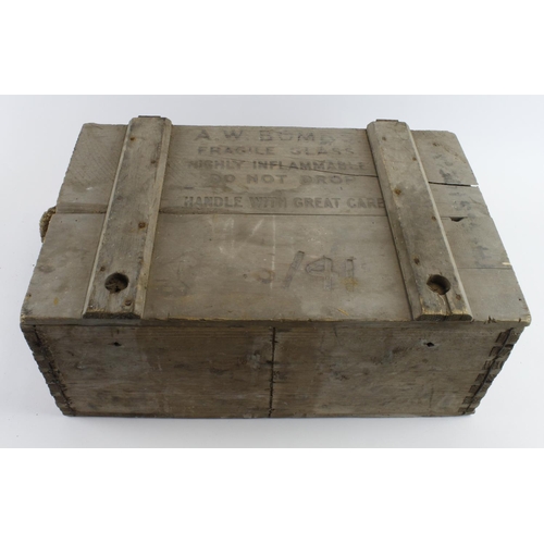 695 - WW2 home Guard scarce A W Bombs wooden crate with enamel plaque inside lid. Nice example fully stenc... 