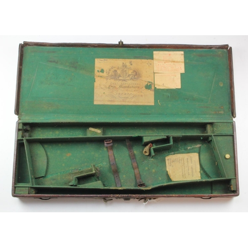 71 - Large heavy leather gun case with original label 'Chas Lancaster, Gun Manufacturer, 151 New Bond Str... 