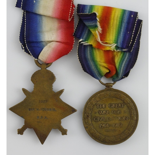 716 - 1914 star and Victory medals to 3337 Gnr M Rougrie 25th BDE RFA.