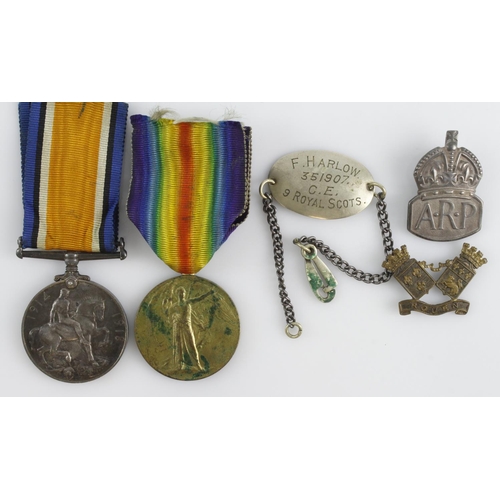 766 - BWM & Victory Medal (351907 Pte F Harlow R.Scots) attd 419th Field Coy RE, with metal ID bracelet 'F... 