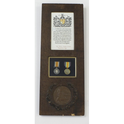 785 - BWM & Victory medals with memorial plaque and scroll in ornamental frame to 37077 Pte Arthur Charles... 