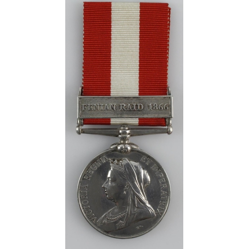 806 - Canada General Service Medal 1899 with clasp Fenian Raid 1866, named (220 Corl J Wyatt, 7: RL: Fus:)... 