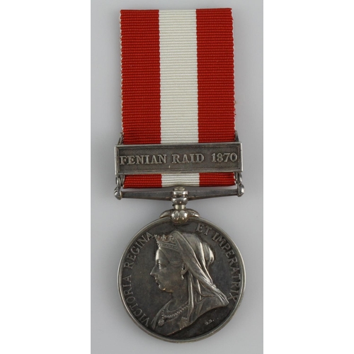 808 - Canada General Service Medal 1899 with Fenian Raid 1870 clasp, impressed (No.912 Pte M Brophy R.C.R.... 