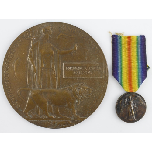 826 - Death Plaque and Victory Medal for 2784 Pte Frederick James Curnow 1st / 18th London Regt. Killed In... 