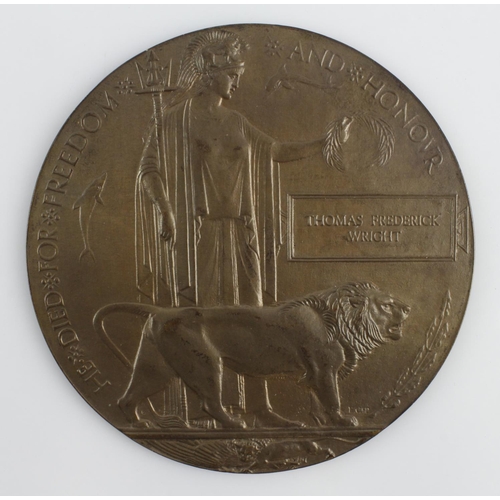 830 - Death Plaque with folder and Buckingham Palace letter for 301491 Rfn Thomas Frederick Wright 